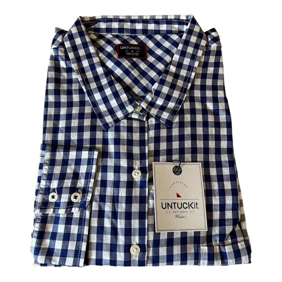 UNTUCKit Women's Belleza Button Up Long Sleeve Blue Gingham Shirt Navy White NEW - Picture 2 of 13